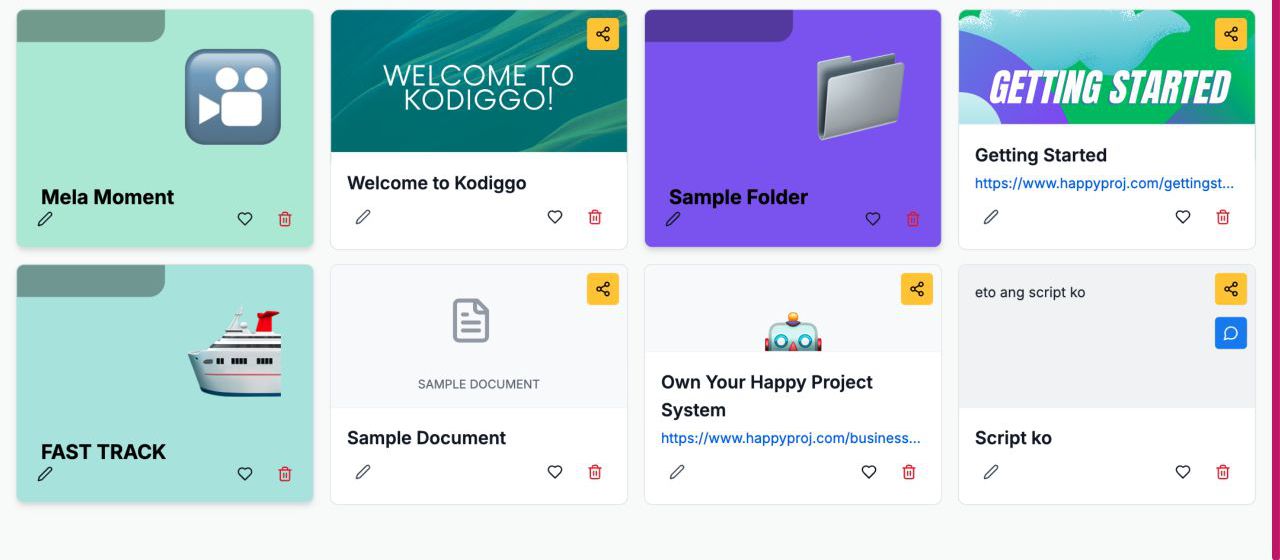 Kodiggo workspace grid showing organized folders and team resources