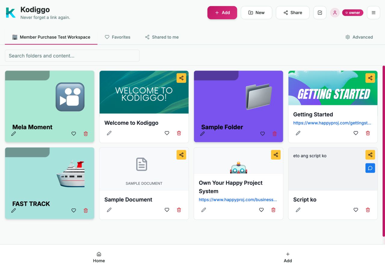 Kodiggo workspace overview for organized training materials